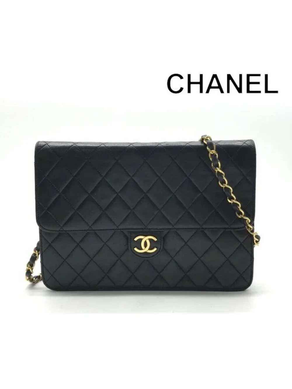 Chanel CC Logo Quilted Lambskin Chain Shoulder Bag Black Push Lock